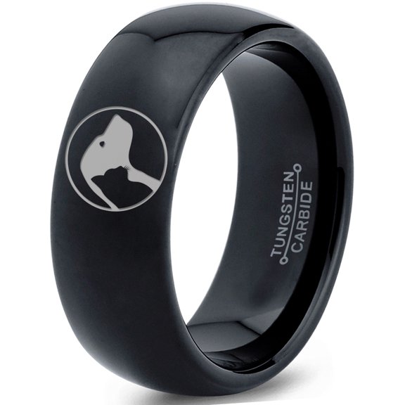 Tungsten Cat Dog Pet Lover Yin Yang Band Ring 8mm Men Women Comfort Fit Black Dome Polished