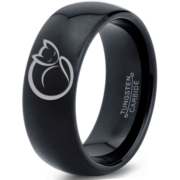 Tungsten Cat Love Cats Lover Kitten Kitty Feline Band Ring 8mm Men Women Comfort Fit Black Dome Polished