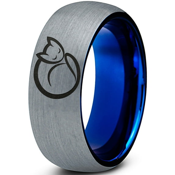 Tungsten Cat Love Cats Lover Kitten Kitty Feline Band Ring 8mm Men Women Comfort Fit Blue Dome Brushed Gray Polished