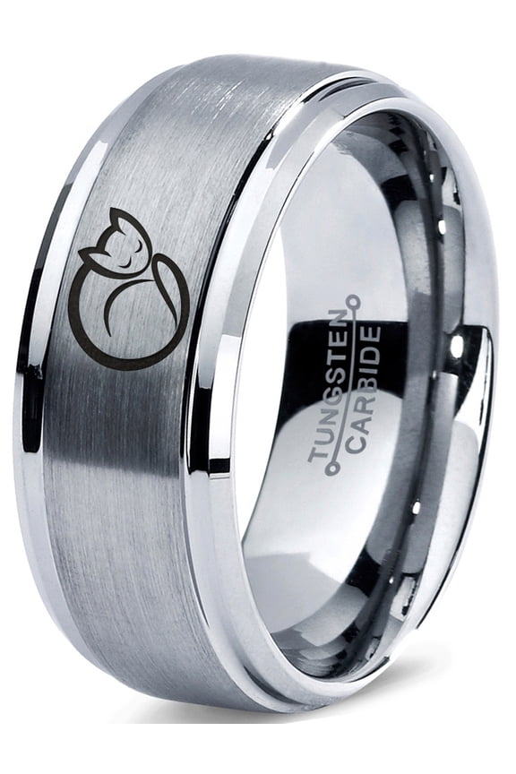 Tungsten Cat Love Cats Lover Kitten Kitty Feline Band Ring 8mm Men Women Comfort Fit Gray Step Bevel Edge Brushed Polished