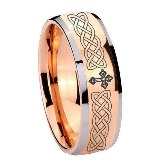 Tungsten Celtic Cross 8mm Shinny Rose Gold Two Tone Dome Men Ring