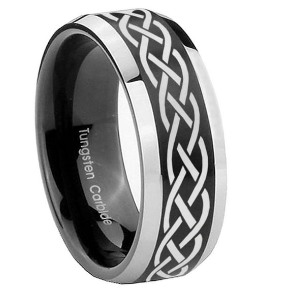 Tungsten Celtic Knot 8mm Brushed Black 2 Tone Beveled Edges Men Ring