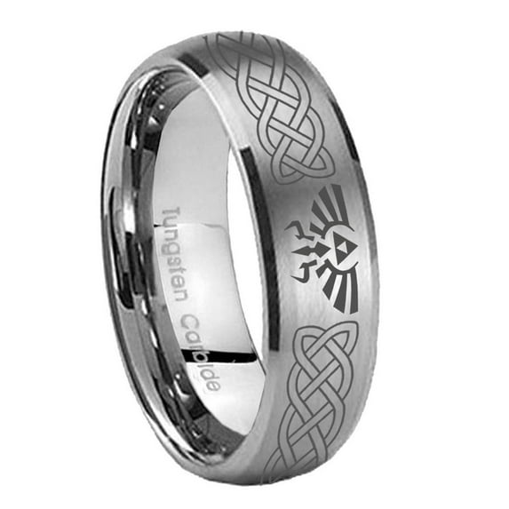 Tungsten Celtic Zelda Triforce 8mm Brushed Gray Dome Polished Edges Men Ring