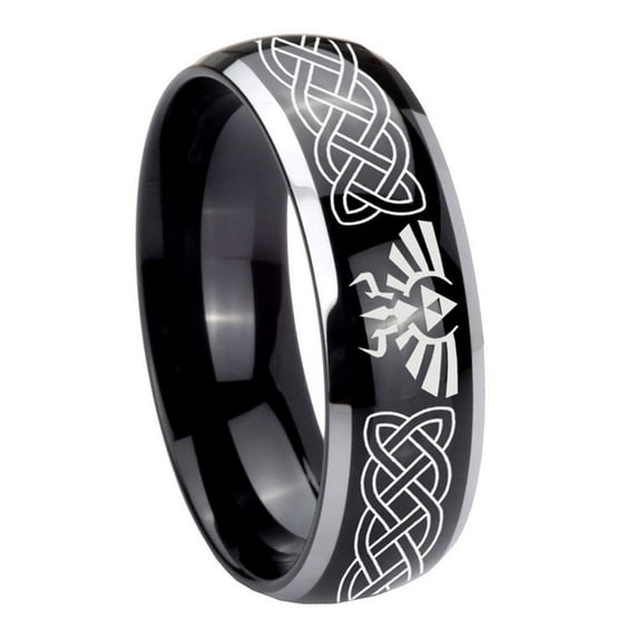 Tungsten Celtic Zelda Triforce 8mm Glossy Black 2 Tone Dome Polished Edges Men Ring