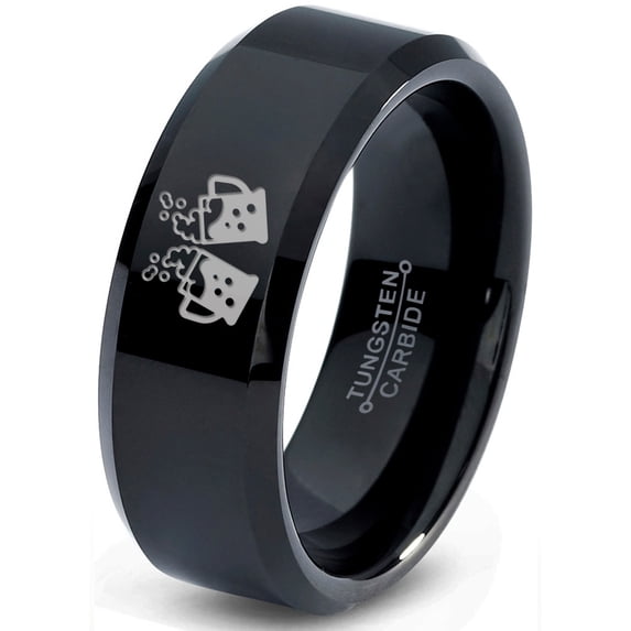Tungsten Cheers Beer Drink Band Ring 8mm Men Women Comfort Fit Black Beveled Edge Polished