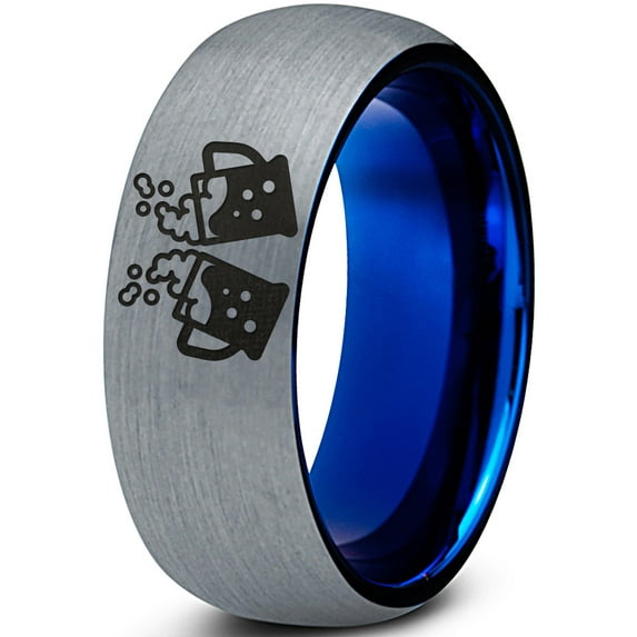 Tungsten Cheers Beer Drink Band Ring 8mm Men Women Comfort Fit Blue Dome Brushed Gray Polished