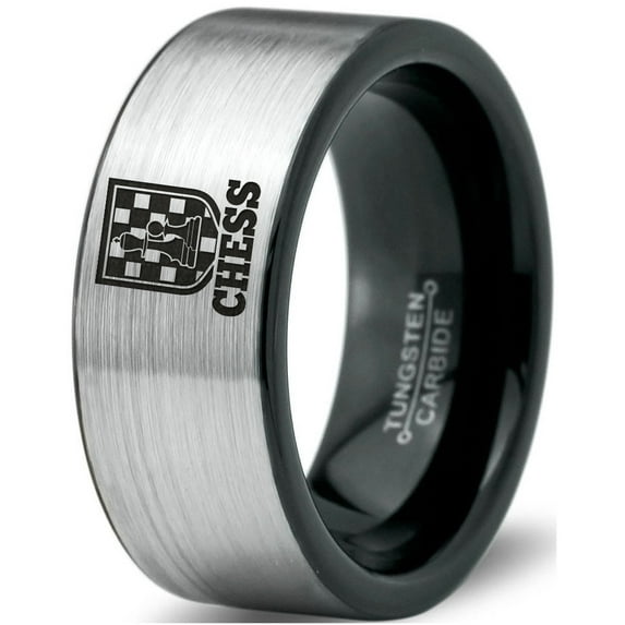Tungsten Chess Piece Checkers Game Band Ring 8mm Men Women Comfort Fit Brushed Gray Flat Cut Black Polished