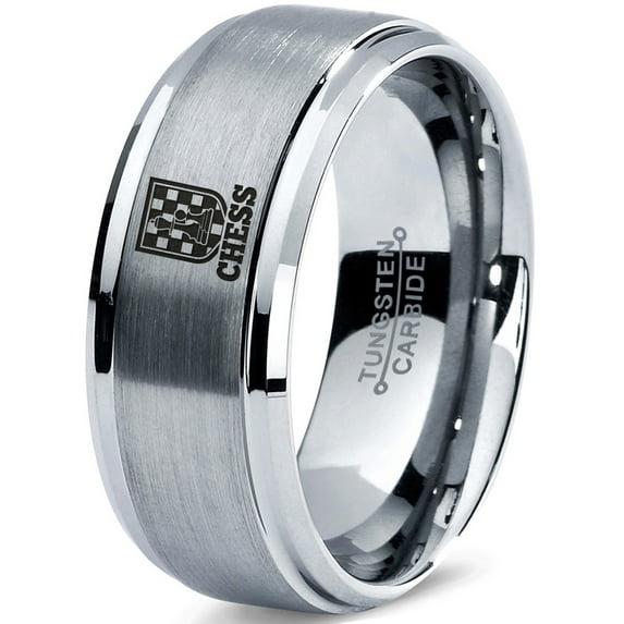 Tungsten Chess Piece Checkers Game Band Ring 8mm Men Women Comfort Fit Gray Step Bevel Edge Brushed Polished