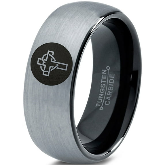 Tungsten Christian Catholic Cross Heart Shaped Band Ring 8mm Men Women Comfort Fit Black Dome Brushed Gray Polished