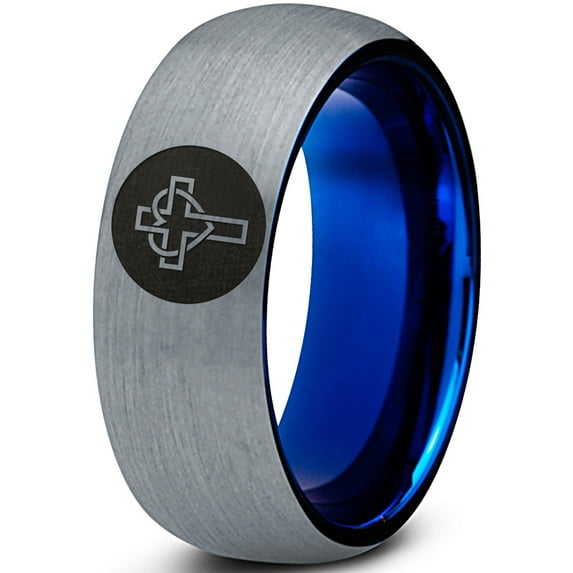 Tungsten Christian Catholic Cross Heart Shaped Band Ring 8mm Men Women Comfort Fit Blue Dome Brushed Gray Polished