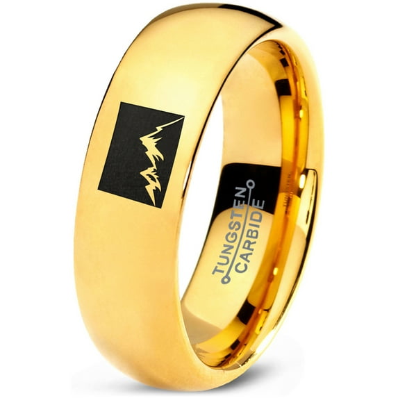 Tungsten Colorado The Centennial State Mountains Band Ring 7mm Men Women Comfort Fit 18k Yellow Gold Dome Polished