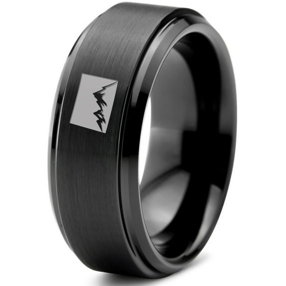 Tungsten Colorado The Centennial State Mountains Band Ring 8mm Men Women Comfort Fit Black Step Bevel Edge Brushed Polished