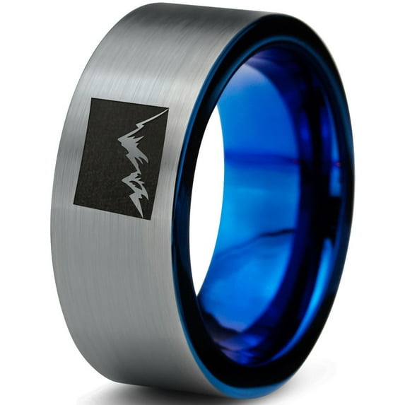 Tungsten Colorado The Centennial State Mountains Band Ring 8mm Men Women Comfort Fit Blue Flat Cut Brushed Gray Polished