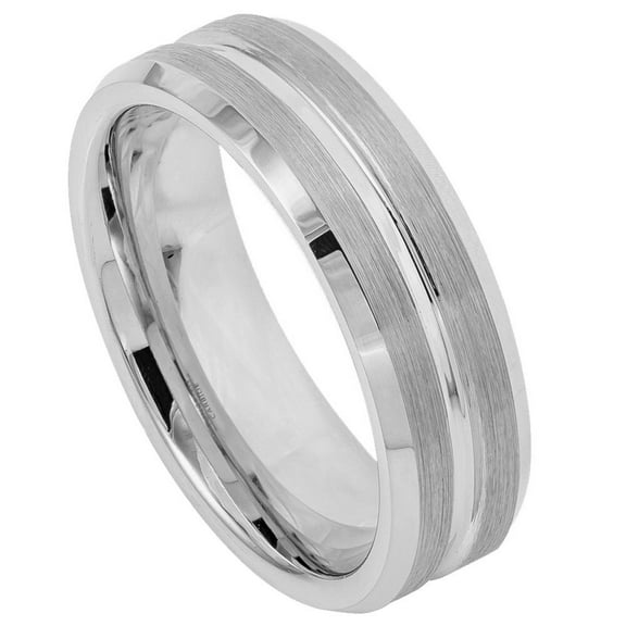 Tungsten Comfort Fit Shiny Grooved Center Wedding Ring Size 5.5