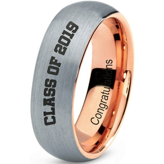 Tungsten Congrats Grad Class Of 2019 Engraved Band Ring 7mm Men Women Comfort Fit 18k Rose Gold Dome Brushed Gray Polished