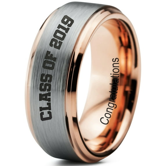 Tungsten Congrats Grad Class Of 2019 Engraved Band Ring 8mm Men Women Comfort Fit 18k Rose Gold Step Bevel Edge Brushed Polished