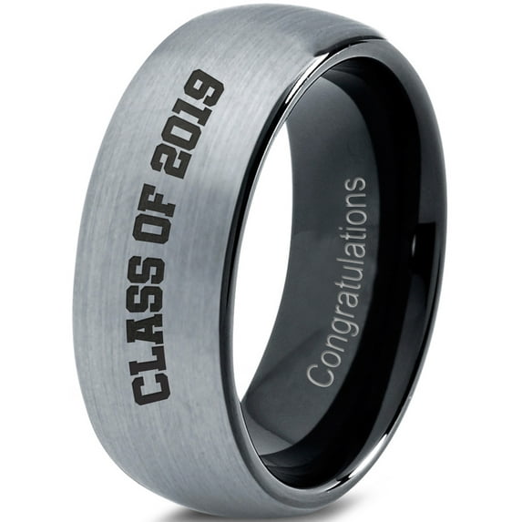 Tungsten Congrats Grad Class Of 2019 Engraved Band Ring 8mm Men Women Comfort Fit Black Dome Brushed Gray Polished