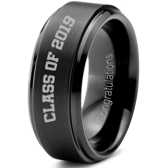 Tungsten Congrats Grad Class Of 2019 Engraved Band Ring 8mm Men Women Comfort Fit Black Step Bevel Edge Brushed Polished