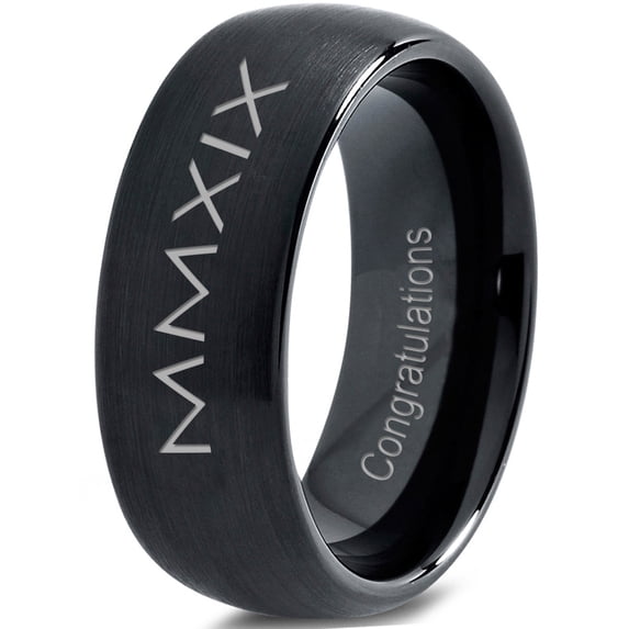 Tungsten Congrats Grad Class Of 2019 Roman Numerals Engraved Band Ring 8mm Men Women Comfort Fit Black Dome Brushed Polished