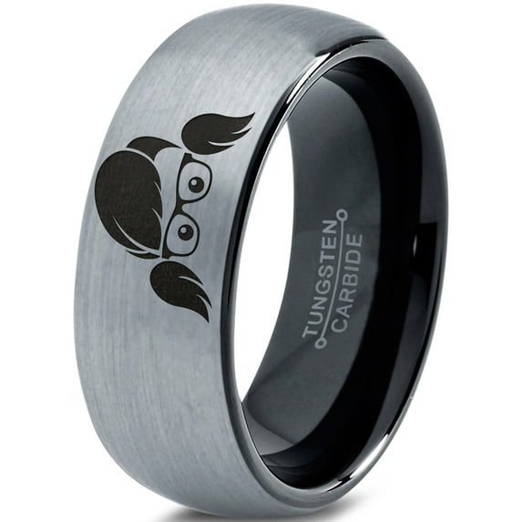 Tungsten Cool Girl Nerd Glasses Geek Hair Game Band Ring 8mm Men Women Comfort Fit Black Dome Brushed Gray Polished