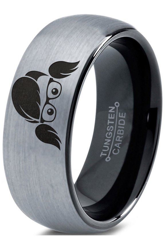 Tungsten Cool Girl Nerd Glasses Geek Hair Game Band Ring 8mm Men Women Comfort Fit Black Dome Brushed Gray Polished