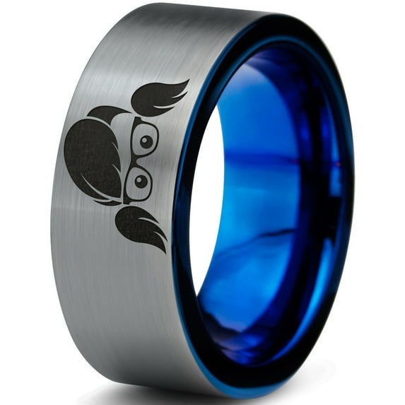 Tungsten Cool Girl Nerd Glasses Geek Hair Game Band Ring 8mm Men Women Comfort Fit Blue Flat Cut Brushed Gray Polished