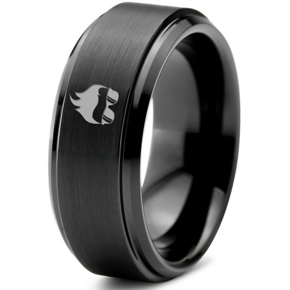 Tungsten Cool Guy Nerd Glasses Geek Hair Game Band Ring 8mm Men Women Comfort Fit Black Step Bevel Edge Brushed Polished