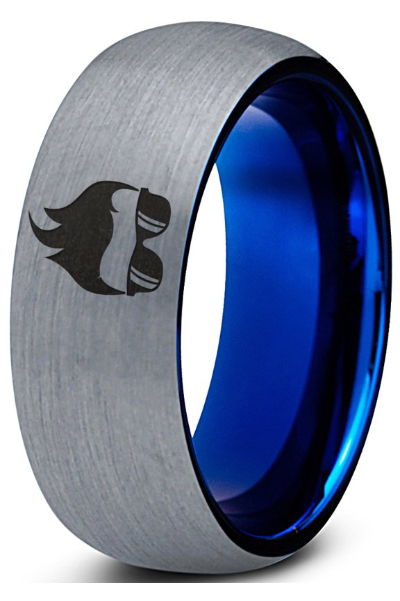 Tungsten Cool Guy Nerd Glasses Geek Hair Game Band Ring 8mm Men Women Comfort Fit Blue Dome Brushed Gray Polished