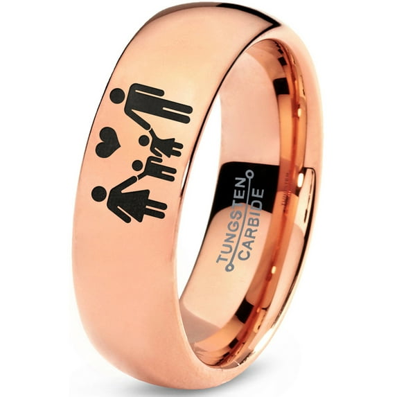 Tungsten Couple Family Two Child Holding Hands Band Ring 7mm Men Women Comfort Fit 18k Rose Gold Dome Polished