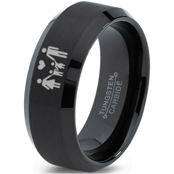 Tungsten Couple Family Two Child Holding Hands Band Ring 8mm Men Women Comfort Fit Black Beveled Edge Brushed Polished