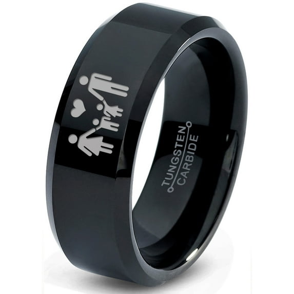 Tungsten Couple Family Two Child Holding Hands Band Ring 8mm Men Women Comfort Fit Black Beveled Edge Polished