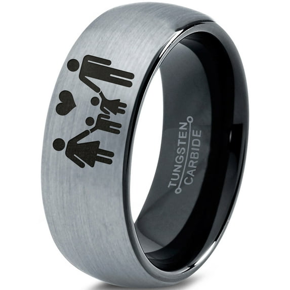Tungsten Couple Family Two Child Holding Hands Band Ring 8mm Men Women Comfort Fit Black Dome Brushed Gray Polished