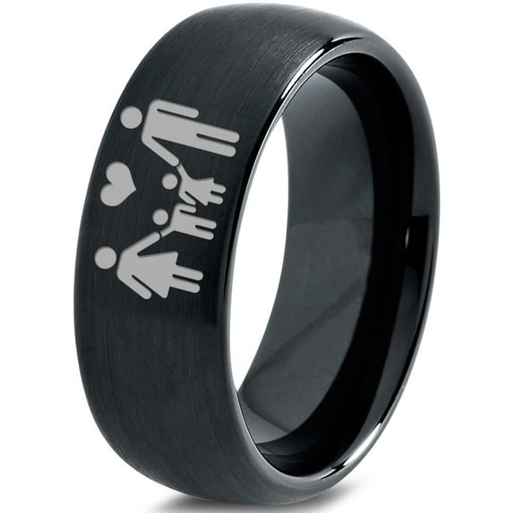 Tungsten Couple Family Two Child Holding Hands Band Ring 8mm Men Women Comfort Fit Black Dome Brushed Polished