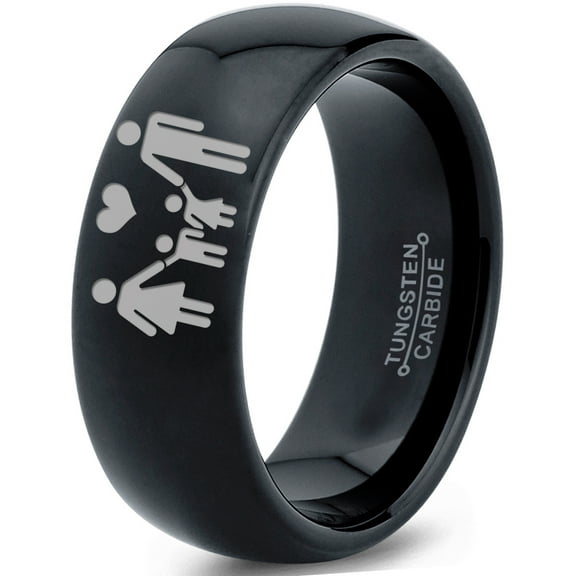 Tungsten Couple Family Two Child Holding Hands Band Ring 8mm Men Women Comfort Fit Black Dome Polished