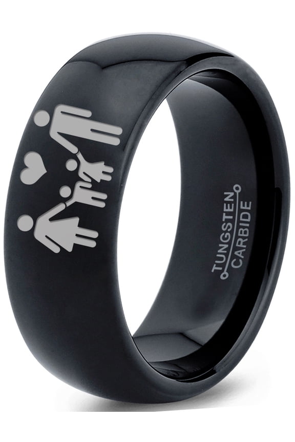 Tungsten Couple Family Two Child Holding Hands Band Ring 8mm Men Women Comfort Fit Black Dome Polished