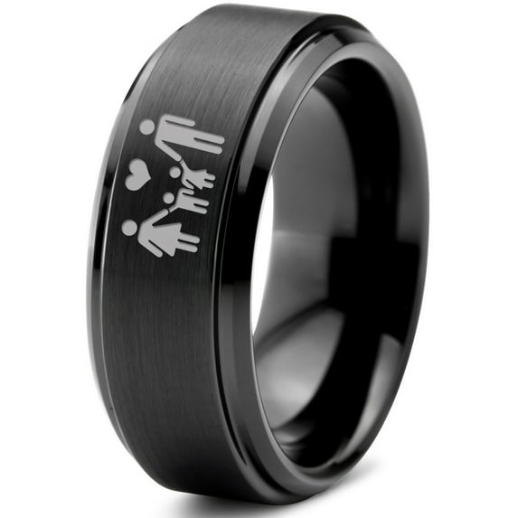 Tungsten Couple Family Two Child Holding Hands Band Ring 8mm Men Women Comfort Fit Black Step Bevel Edge Brushed Polished