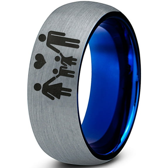 Tungsten Couple Family Two Child Holding Hands Band Ring 8mm Men Women Comfort Fit Blue Dome Brushed Gray Polished