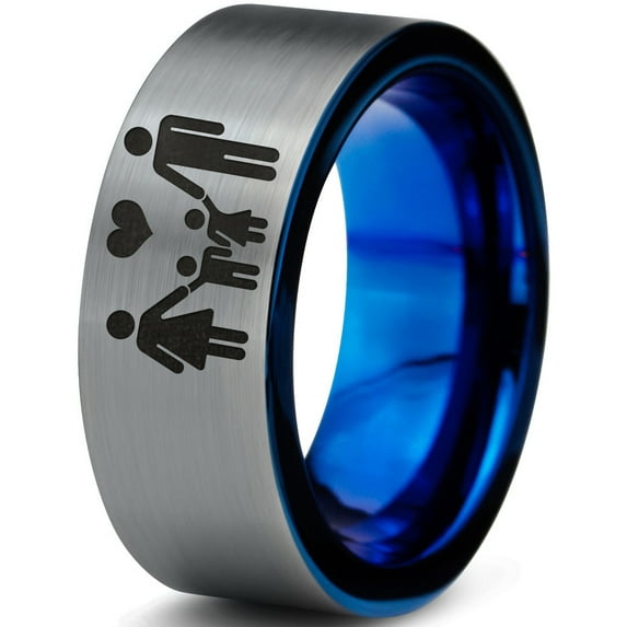 Tungsten Couple Family Two Child Holding Hands Band Ring 8mm Men Women Comfort Fit Blue Flat Cut Brushed Gray Polished