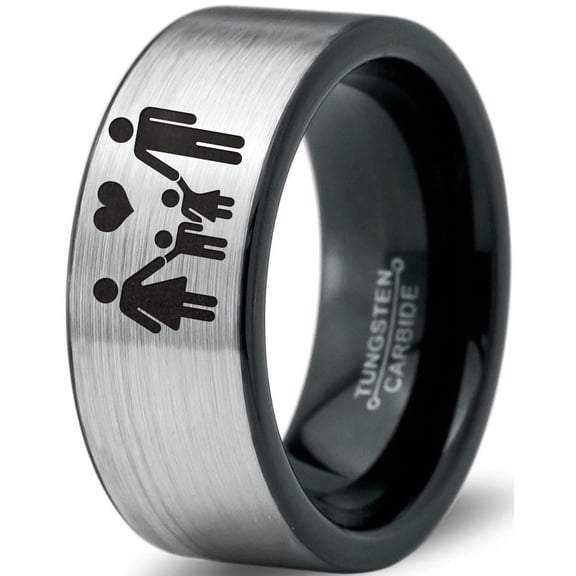 Tungsten Couple Family Two Child Holding Hands Band Ring 8mm Men Women Comfort Fit Brushed Gray Flat Cut Black Polished