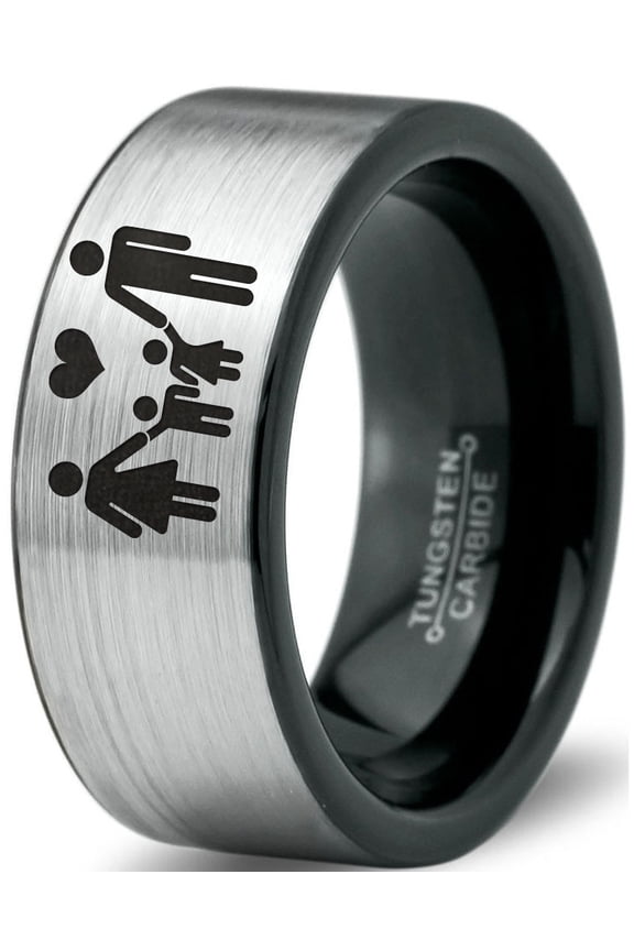 Tungsten Couple Family Two Child Holding Hands Band Ring 8mm Men Women Comfort Fit Brushed Gray Flat Cut Black Polished
