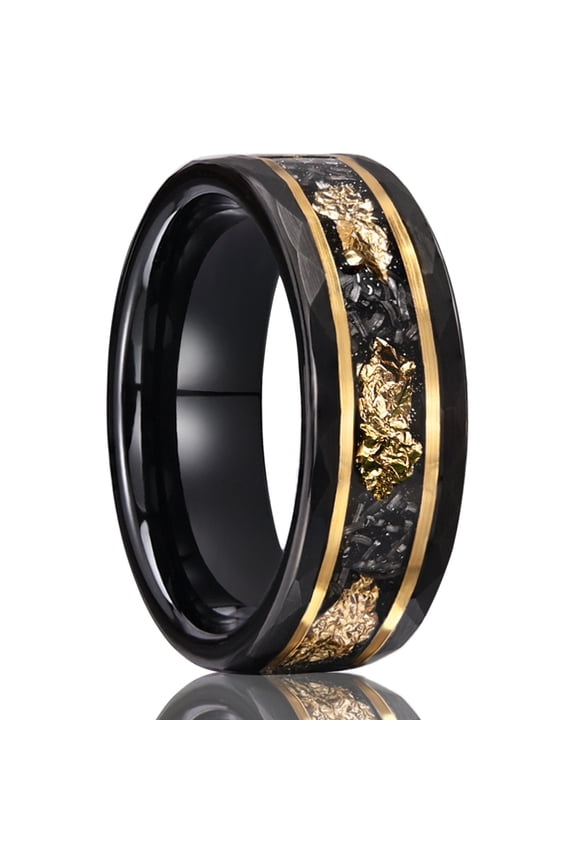 Tungsten Couple Rings Hammered Black Ring Setting with Natural Stone and Gold Foil