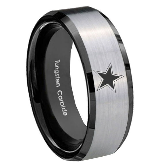 Tungsten Cowboys Star 8mm Brushed Gray Beveled Edges Black Polished Men Ring