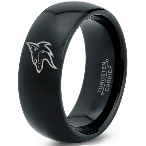 Tungsten Coyote Canis Canidae Watching Band Ring 8mm Men Women Comfort Fit Black Dome Polished