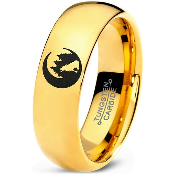 Tungsten Crescent Moon Howling Wolf Forest Trees Engraved Band Ring 7mm Men Women Comfort Fit 18k Yellow Gold Dome Polished