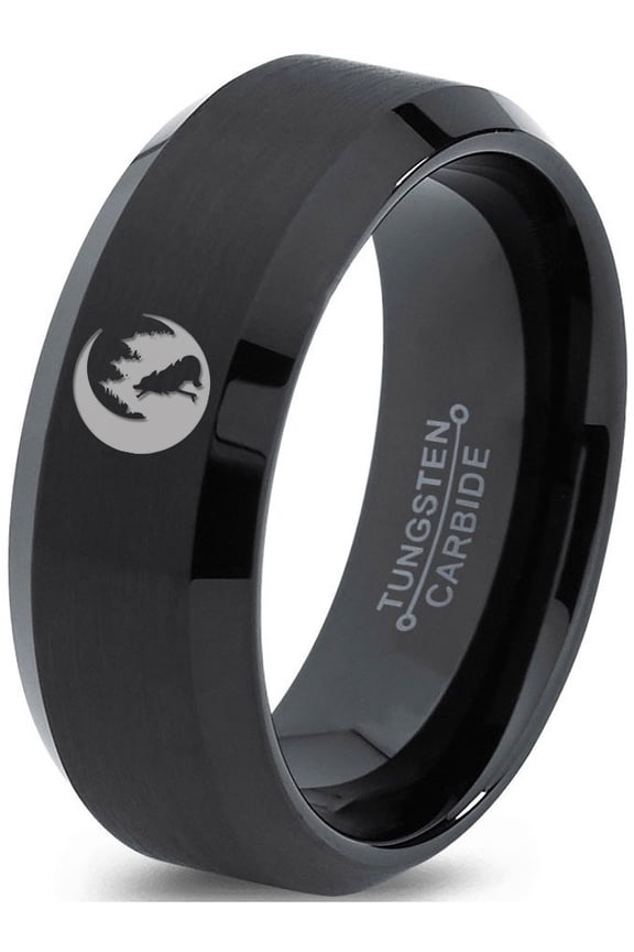 Tungsten Crescent Moon Howling Wolf Forest Trees Engraved Band Ring 8mm Men Women Comfort Fit Black Beveled Edge Brushed Polished