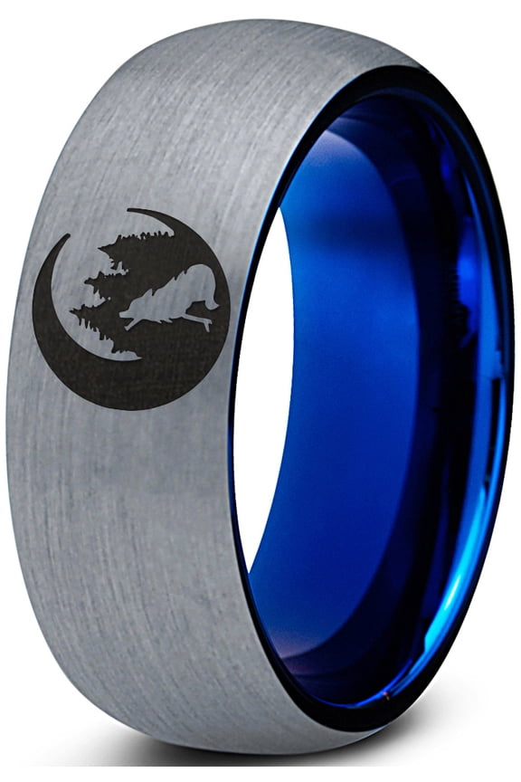 Tungsten Crescent Moon Howling Wolf Forest Trees Engraved Band Ring 8mm Men Women Comfort Fit Blue Dome Brushed Gray Polished