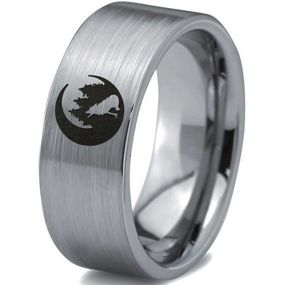 Tungsten Crescent Moon Howling Wolf Forest Trees Engraved Band Ring 8mm Men Women Comfort Fit Gray Flat Cut Brushed Polished