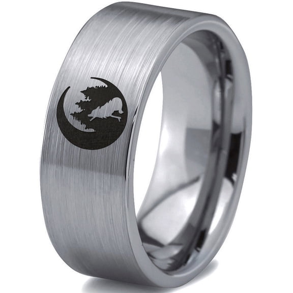 Tungsten Crescent Moon Howling Wolf Forest Trees Engraved Band Ring 8mm Men Women Comfort Fit Gray Flat Cut Brushed Polished