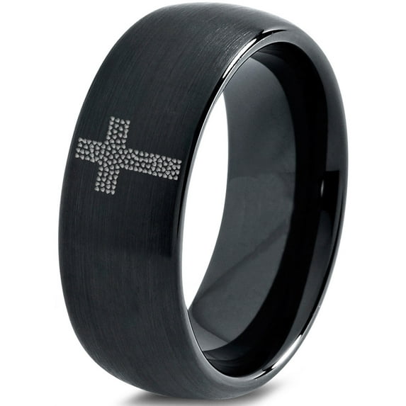 Tungsten Cross Hearts Band Ring 8mm Men Women Comfort Fit Black Dome Brushed Polished