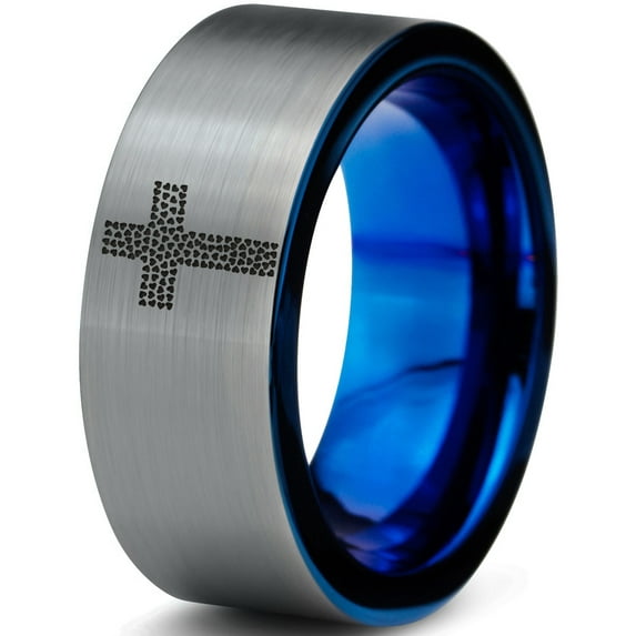 Tungsten Cross Hearts Band Ring 8mm Men Women Comfort Fit Blue Flat Cut Brushed Gray Polished